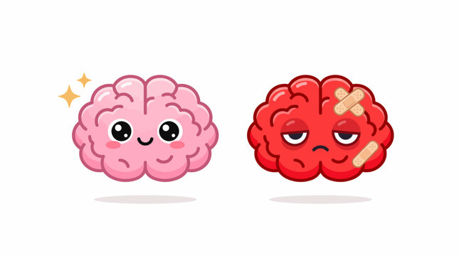 Two cartoon brains: pink happy brain and red angry brain, cute illustration of contrasting emotions