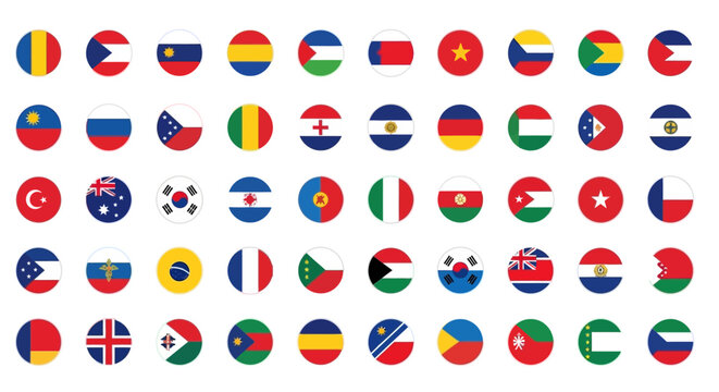 Collection of circular national flag icons arranged in a grid, showcasing diverse countries and global flags