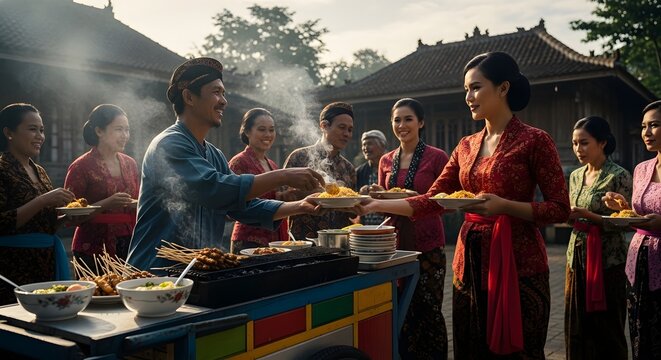 Javanese Food Vendor Serving Traditional Meal to Group