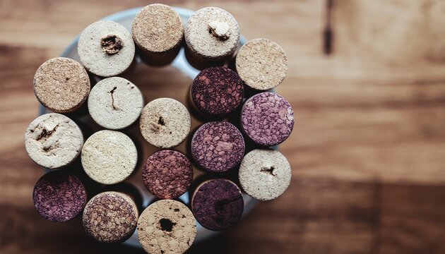 Wine bottle corks arranged on a wooden table top view
