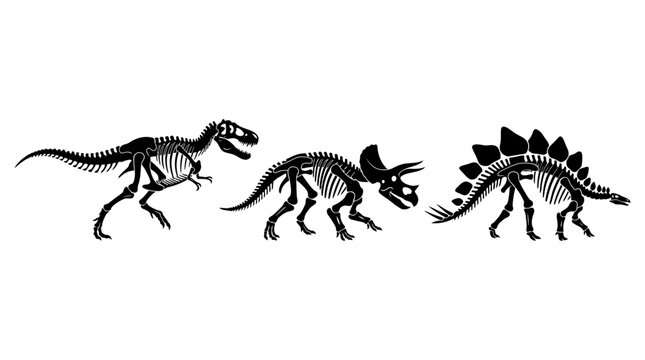 Three dinosaur silhouettes in a row: small theropods followed by a stegosaurus in black line art vector illustration