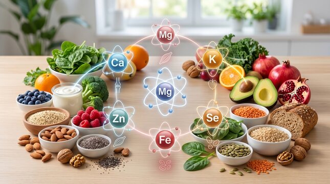 Essential minerals and trace elements in healthy food atoms of ca mg zn fe se k nutrition concept