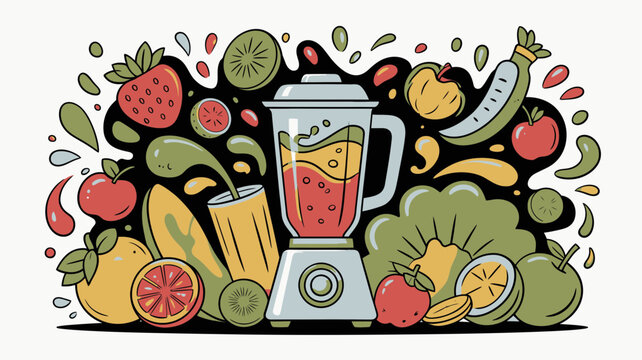 Colorful illustration of blender with various fruits and vegetables around it