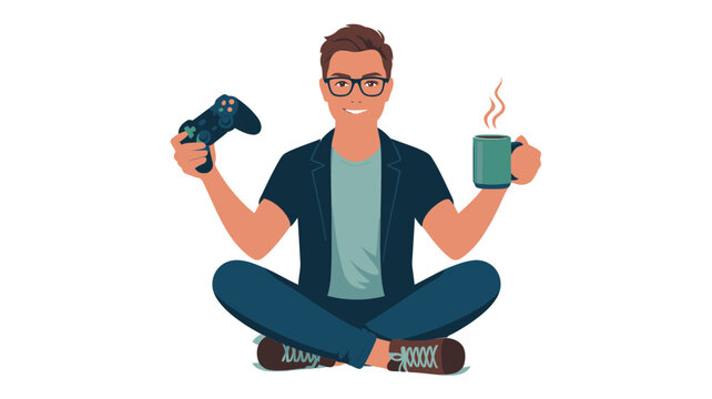A cartoon man sitting crosslegged holding a video game controller and a steaming mug of coffee