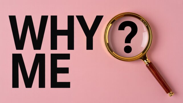 "WHY ME?" question text with a magnifying glass and question mark, symbolizing introspection and self-reflection, on a pink background.