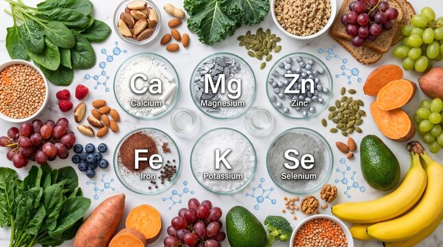 Essential minerals and trace elements in healthy food vitamins and dietary supplements calcium iron magnesium zinc potassium selenium