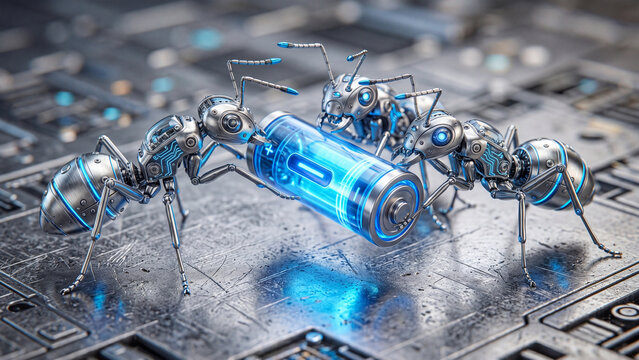 Robotic ants carrying a glowing blue energy battery on a metallic circuit board surface
