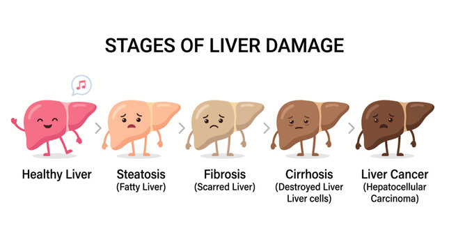 Diagram illustrating the progression of liver damage from a healthy liver through fatty liver, fibrosis, cirrhosis, to liver cancer.
