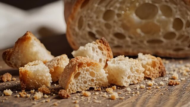 Closeup of freshly baked artisan sourdough bread with a golden crust and airy crumb.