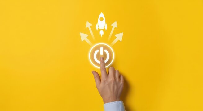 Human hand pressing glowing power button with rocket launch and arrows on yellow background