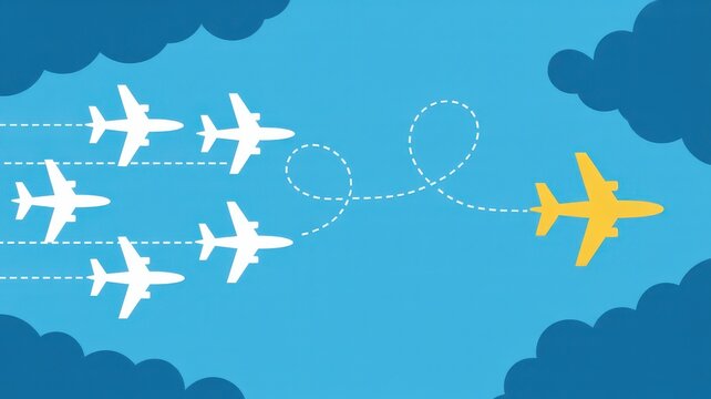 Yellow airplane flying in a different direction, breaking away from a group of white airplanes in the blue sky with clouds, concept of individuality, leadership, and unique vision.