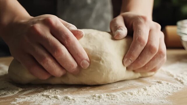 Closeup of hands kneading dough on a floured wooden surface 2.