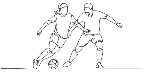 Two soccer players in a dynamic line art illustration, one dribbling the ball, action and competition © Alo 2026 Arts