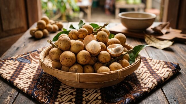 Ripe Duku Langsat Tropical Fruit in Bamboo Basket on Traditional Batik Cloth and Rustic Wooden Table With Natural Window Light