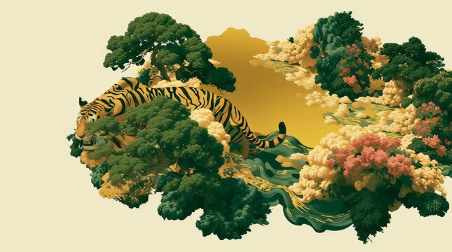 Conceptual art map inspired by the wall paintings of Nijo Castle&rsquo;s Ninomaru Palace. Central golden space representing harmony of power and peace. a stylized tiger symbolizing strength and discipline; 