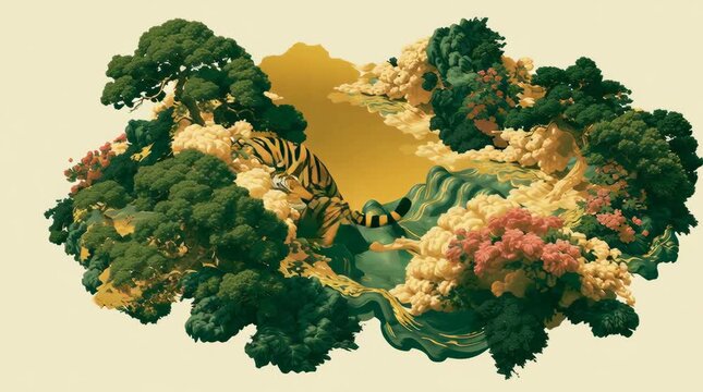 Conceptual art map inspired by the wall paintings of Nijo Castle&rsquo;s Ninomaru Palace. Central golden space representing harmony of power and peace. a stylized tiger symbolizing strength and discipline; 