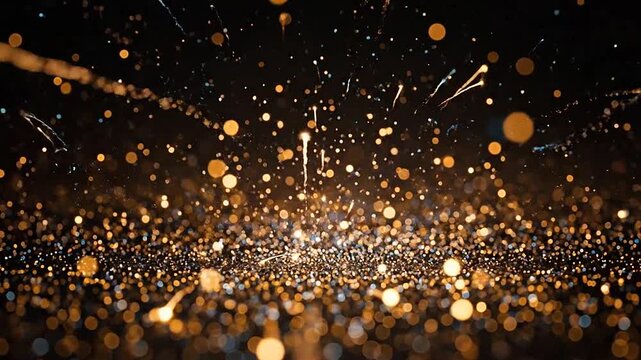 Bright golden particles explode against a dark background in a festive display