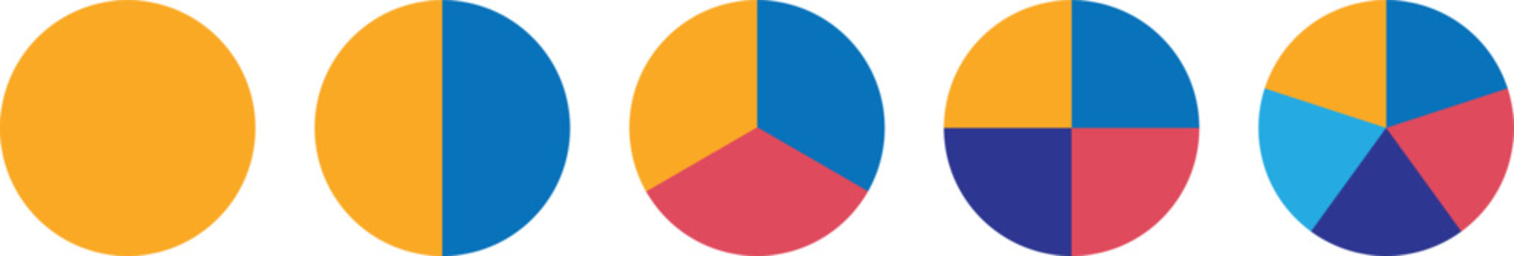 Pie chart set. Colorful diagram with 2,3,4,5 sections or steps. Pie charts diagrams. Different color circle icons for infographic design.