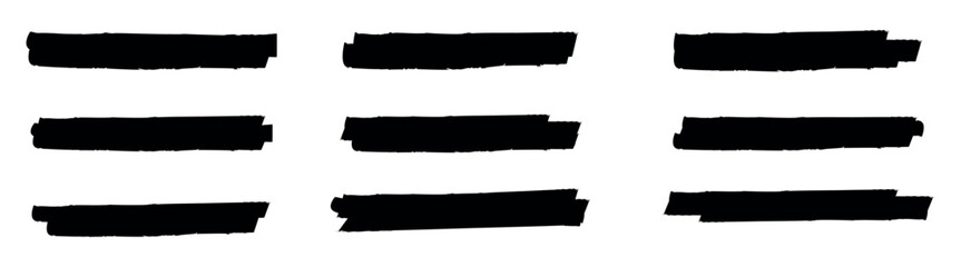 Brush stroke lines of black marker texture. Highlighter brush stroke lines for underline banners. Vector paint ink stroke lines or underlines on white background © GFXartss