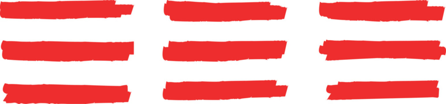 Red paint brush strokes marker highlighter. Brush stroke lines for underline banners. Vector paint ink stroke lines or underlines on white background