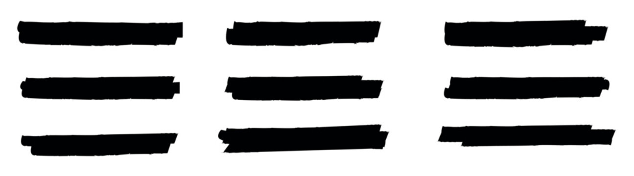 Brush stroke lines of black marker texture. Highlighter brush stroke lines for underline banners. Vector paint ink stroke lines or underlines on white background