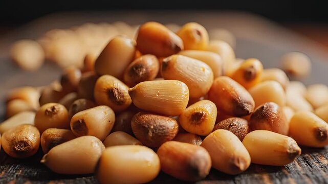 Closeup shot of a pile of delicious pine nuts on a wooden surface.
