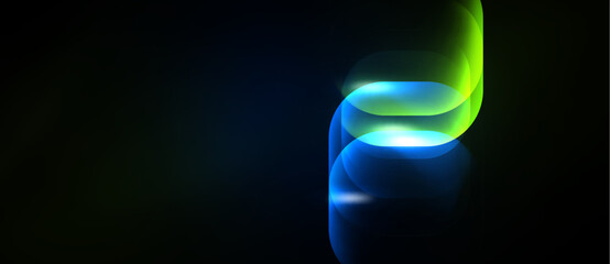 Naklejka premium Abstract luminous swirls, vibrant blues, greens. Smooth gradients create flowing shapes against dark background. Modern design element.
