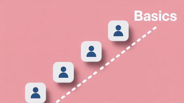 Basics concept with four person icons and a curved dashed line on a pink background