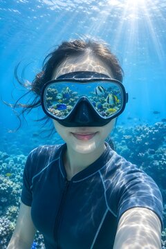 Smiling Young Woman Underwater with Tropical Fish Reflected in Diving Mask, Coral Reef and Sunlight Rays