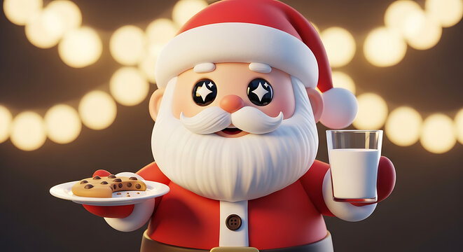 santa claus holding cookies and milk in festive 3d style christmas holiday