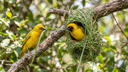 Obraz premium Southern Masked Weaver birds building a nest with green grass on a tree branch