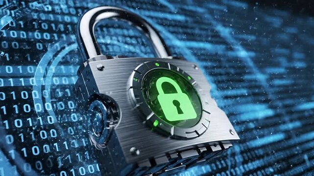 Digital Security Padlock with Binary Code Background and Laser Beam.