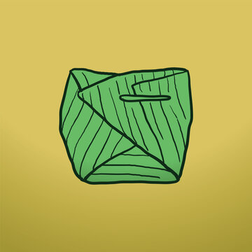 Traditional Indonesian food wrapped in banana leaf vector illustration. Authentic Asian culinary packaging known as nasi bungkus icon isolated on white background.