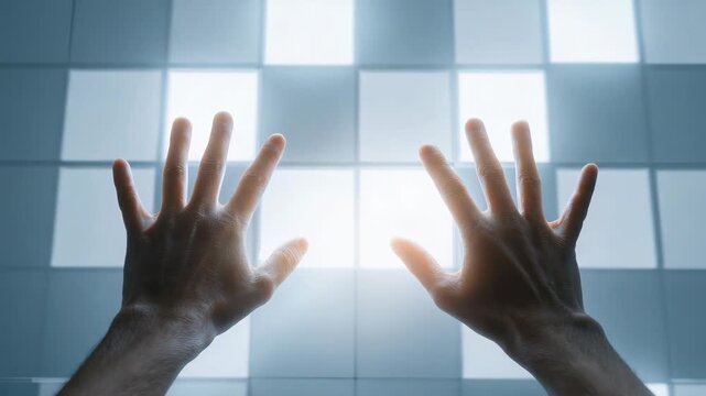 Two human hands are reaching towards glowing digital grid illuminated squares, evoking sense futuristic interaction. Scene suggests technology, innovation, human connection with virtual environments