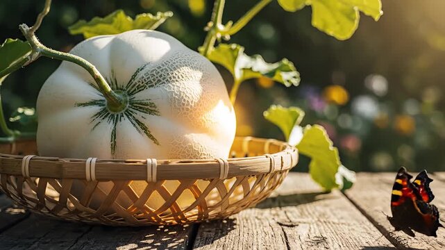 Fresh Cantaloupe Melon Ripe and Ready in a Wicker Basket on Wooden Table Outdoors.
