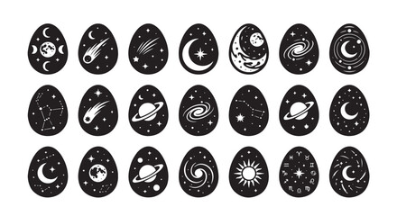Black silhouette egg collection with celestial symbols vector moon star comet planet sun zodiac artwork © MdSamir