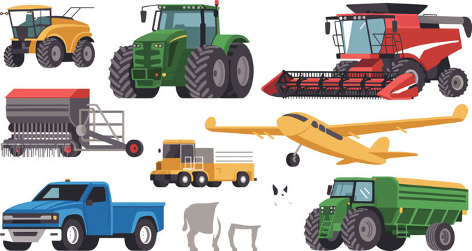 Agricultural Machinery and Farm Vehicles Vector Icon Set with Tractor, Combine Harvester, Crop Duster Plane, and Pickup Truck for Industrial Farming Designs