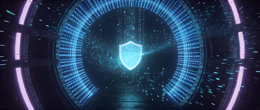 Digital shield data streamFuturistic cybersecurity tunnel with glowing digital shield icon showing data security and data protection for network security firewall encryption secure server