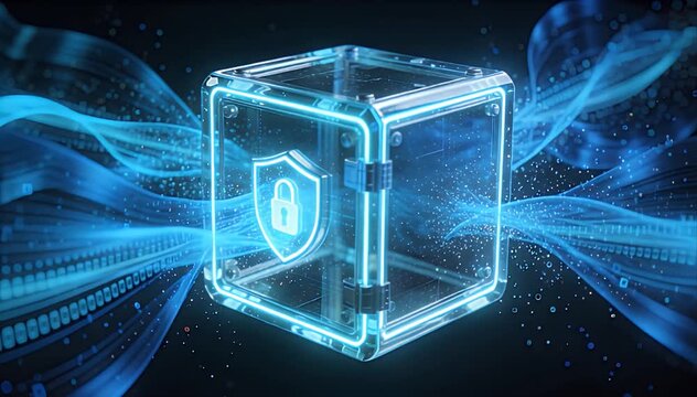 Digital shield data streamcybersecurity data protection security digital network encryption lock shield secure concept with glowing digital cube vault and transparent lock shield, flowing data stream