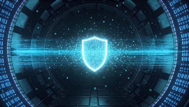 Digital shield data streamcybersecurity data protection digital shield network technology abstract blue secure futuristic interface with glowing data stream circular hud tunnel firewall encryption