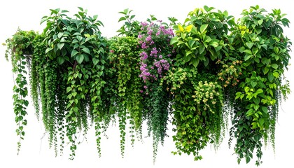 Fototapeta premium Lush, vibrant, diverse assortment of green foliage, with hints of purple flowers, cascading downward from above, isolated