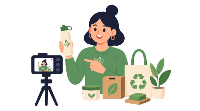 Young woman filming eco friendly sustainable products on camera.
