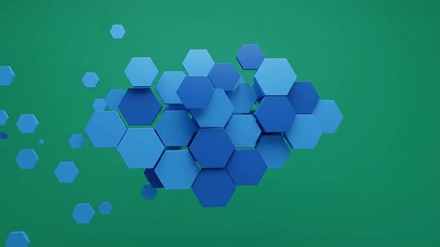 A cluster of blue hexagonal shapes floats against a solid dark green background