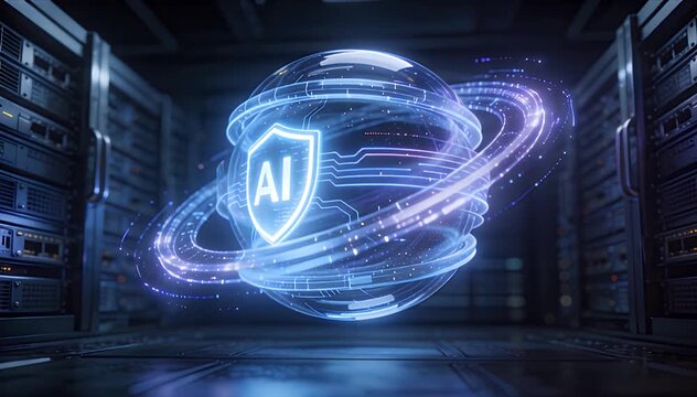 Digital shield data streamCybersecurity artificial intelligence data protection network security digital server room with futuristic hologram shield firewall sphere and AI icon for advanced network
