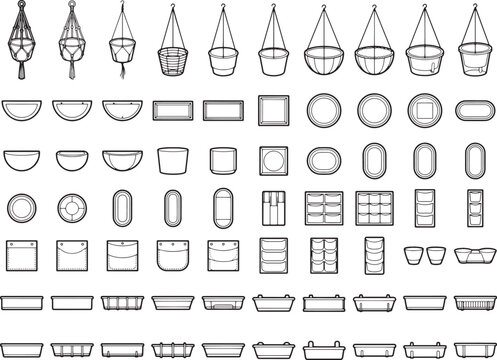 A collection of various empty plant pots and hangers in a clear, outlined graphic style, showcasing different shapes and sizes.