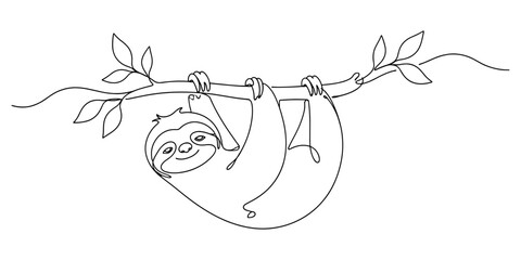 Fototapeta premium Continuous line drawing illustration of a smiling sloth hanging from a tree branch. Charming wildlife artwork suitable for nature, animals, relaxation, and tropical themes.