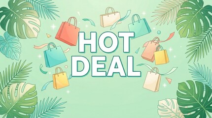Obraz premium Hot Deal summer sale banner, tropical shopping background with colorful paper bags and palm leaves, seasonal retail promotion poster
