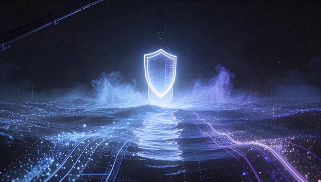 Digital shield data streamcybersecurity digital shield network protection data technology security firewall encryption with glowing icon over futuristic data stream and abstract lightning wave dark