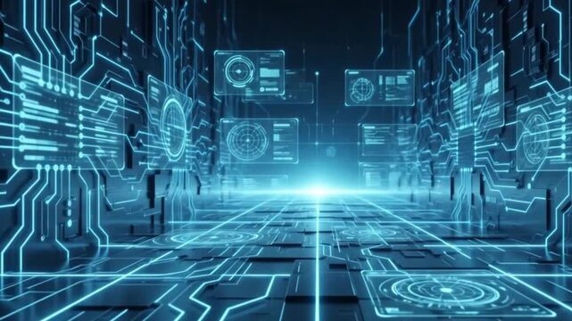 Abstract futuristic digital data landscape, neon blue cyber grid floor holographic