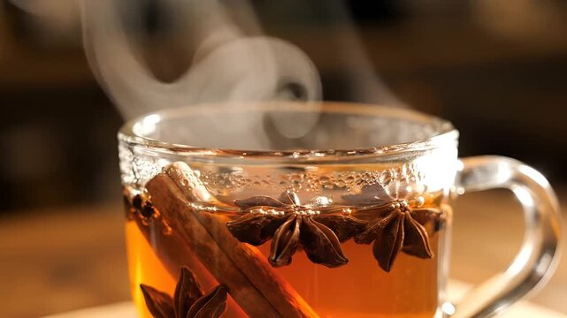 Warm Spiced Tea with Cinnamon and Star Anise Steaming in a Glass Mug.